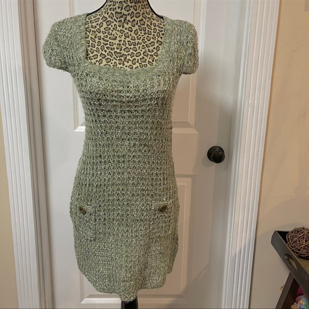 Women's Green Mohair Vintage Knit lightweight Cap Sleeve Dress M